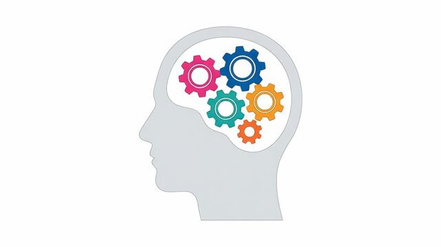 Minimalist profile silhouette of a human head containing interconnected colorful cogs and gears spinning inside the brain. Perfect for artificial intelligence concepts, psychological process visualize