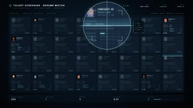 Talent screening dashboard with magnifier over candidate resume profiles and match scores