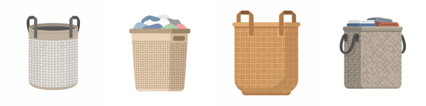 Collection of woven wicker laundry baskets and storage bins with clothes