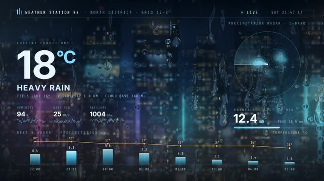 Weather monitoring interface over night city skyline behind rain covered glass window