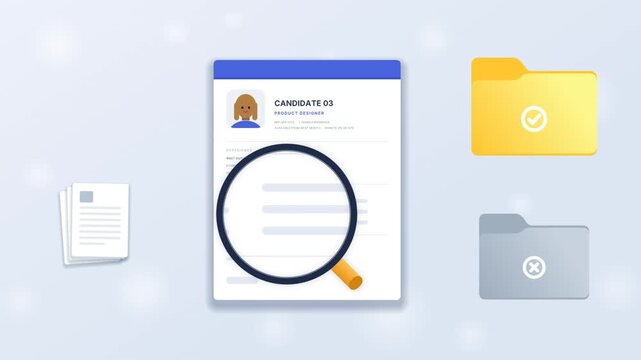 Magnifying glass screening candidate resumes and sorting them into approval folders