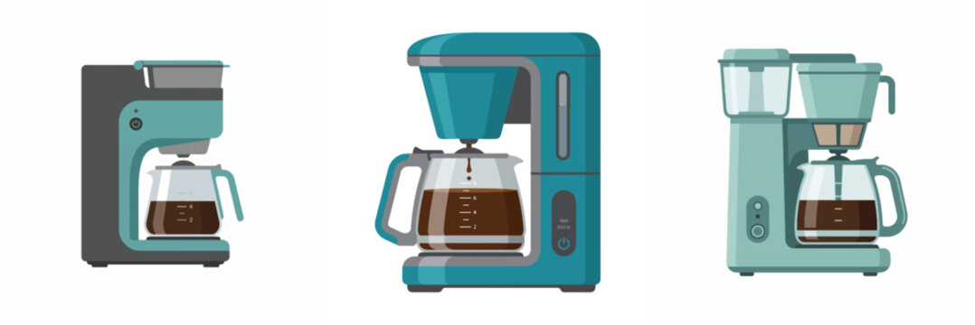 Set of three modern teal drip coffee makers isolated on white background