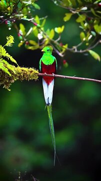 Resplendent Quetzal bird perched on a branch in the lush tropical cloud forest canopy.