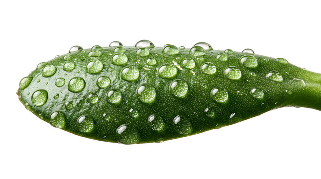 Close-up of Green Succulent Leaf with Water Droplets on White Background