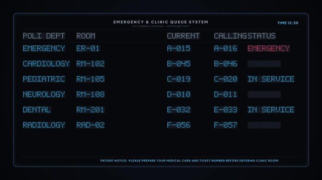 Emergency Hospital Clinic Queue Management Digital LED Display Screen Interface Motion Graphic