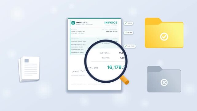 Magnifying glass inspecting invoices with verified stamp sorted into approval folders
