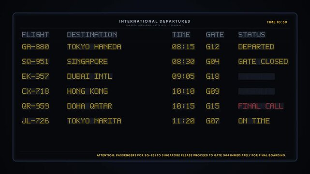 Airport Departure Board Display Pixel Art Digital Flight Information Motion Graphic Video Animation