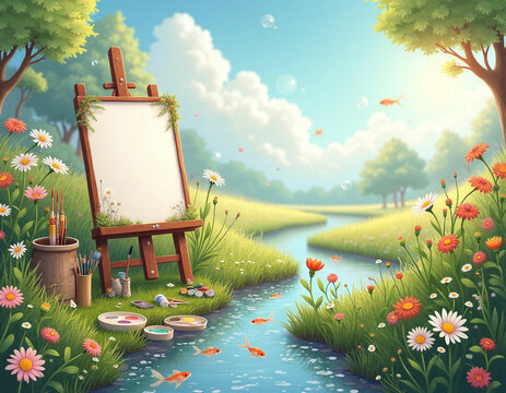 Enchanted Garden Artist Workspace with Blank Painting Canvas, Flowers and Goldfish Stream