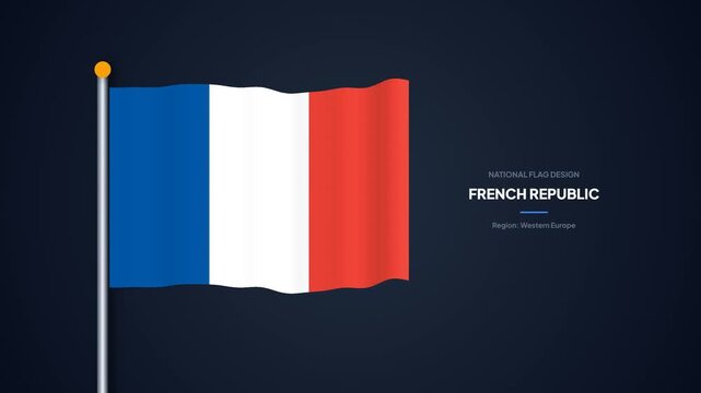 France National Flag Waving Loop with Country Name Graphic Label on Dark Blue Background