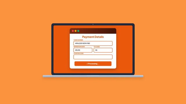 Credit Card Payment Details Checkout Form Typing UI Animation Orange Laptop Screen Flat Design