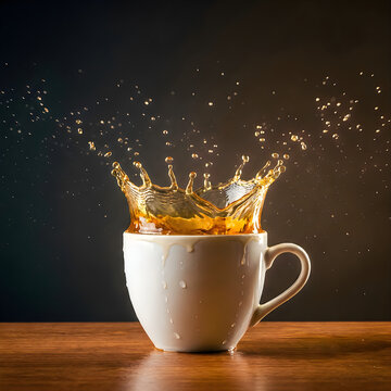 A white coffee cup sitting on a wooden table with a dynamic liquid splash against a dark background