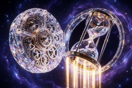 Surreal Cosmic Hourglass and Mechanical Clock Gears Floating in a Vibrant Nebula Galaxy
