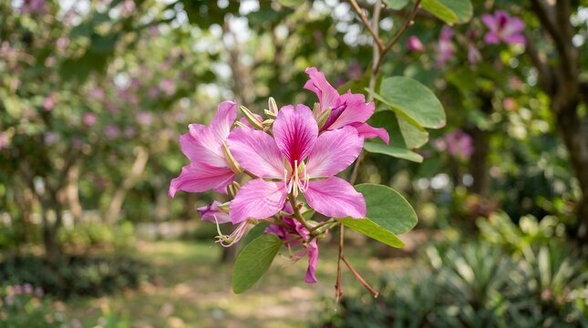 Blooming Pink Orchid Tree Flower Close Up In Natural Outdoor Garden Landscape Background pink flower orchid tree flower garden blooming nature floral petals plant botany blossom spring summer outdoor