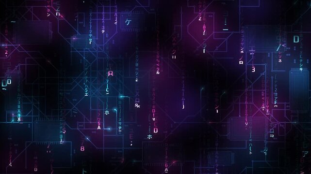 Digital code rain background with neon glyphs falling over circuit board pattern