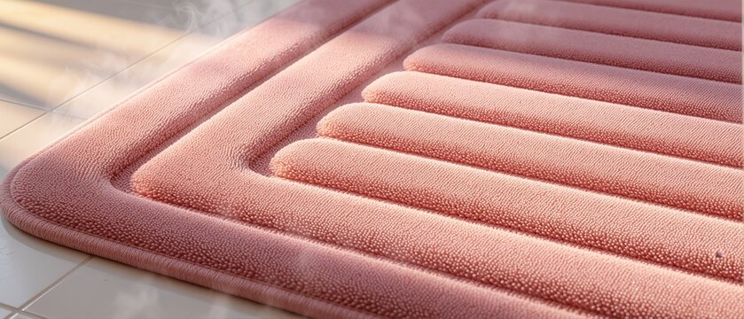Close up of a soft pink textured bath mat on a white tiled floor