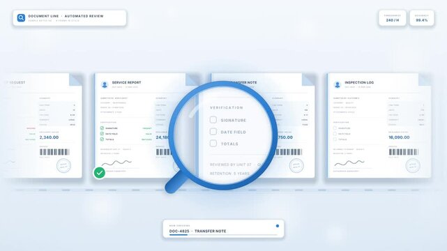 Magnifier checking business documents on automated review line with approval and reject marks