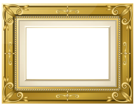 Ornate golden picture frame illustration with decorative baroque scrollwork, vintage floral ornaments, and beaded border, isolated on transparent background with blank copy space.