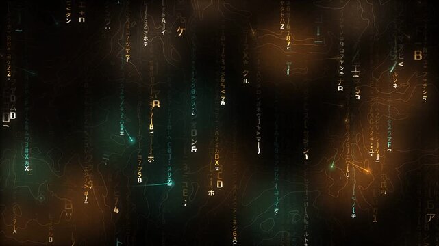Amber digital code rain background with falling glyphs and glowing teal accents