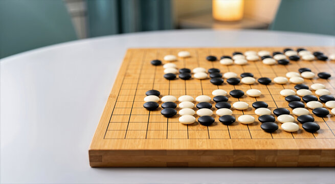 Traditional bamboo Go board with black and white stones. Close up of Goban game on a white tabletop. Asian strategy board game concept