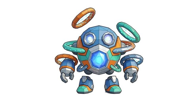 Robotic droid hovering with mechanical halos on white background in cinematic style for technology marketing