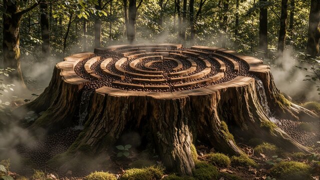 Surreal Coffee Bean Labyrinth Carved into a Giant Tree Stump in a Misty Forest