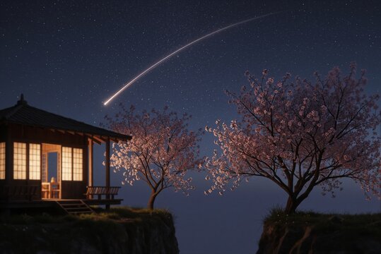 Traditional Japanese House with Cherry Blossom Trees Under a Starry Night Sky with Shooting Star