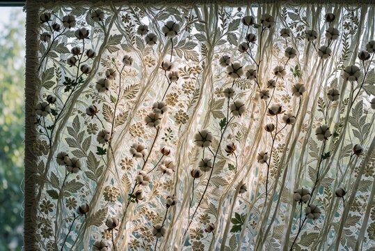 Close up of elegant white lace curtains with cotton flower embroidery and soft natural light