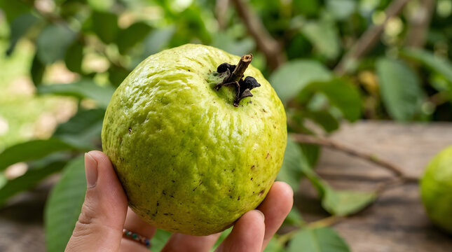 Hand holding a fresh red guava (Psidium guajava) surrounding green leaves