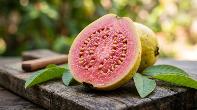 A fresh red guava (Psidium guajava), cut in half on a rustic wooden board, displaying its vibrant pink pulp, edible center seeds, and surrounding green leaves