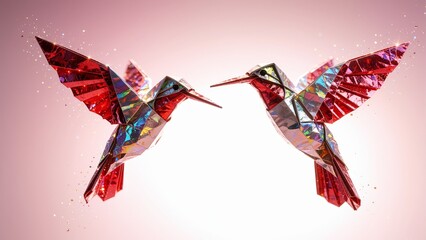 Naklejka premium Two Metallic Origami Hummingbirds Flying Towards Each Other on a Soft Pink Background