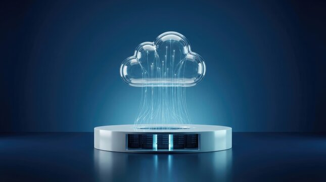 Futuristic digital cloud computing concept with glowing data icons hovering above a modern metallic pedestal display stand