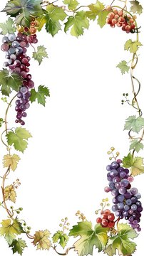 Vintage Watercolor Grape Vine Border Frame with Purple Grapes