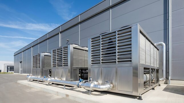 Industrial chiller systems and HVAC units positioned outside a commercial building, delivering essential temperature regulation and climate control for large-scale operations