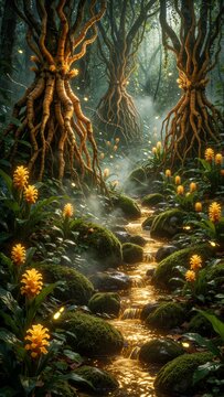 Magical Fantasy Forest with Golden Stream and Ancient Trees in Mystical Atmosphere