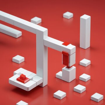 Abstract construction blocks with lever and platform on red background