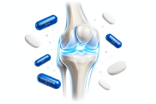 Joint care glucosamine capsules and knee model floating mid air isolated