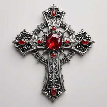 Ornate silver cross jewelry with red gemstones in intricate filigree design
