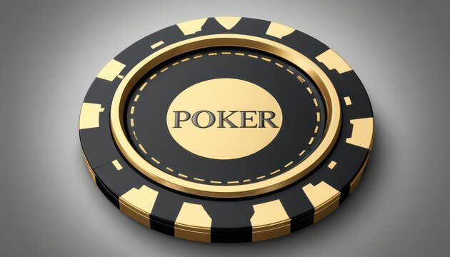 Close-up of a black and gold poker chip with the word "POKER" in the center