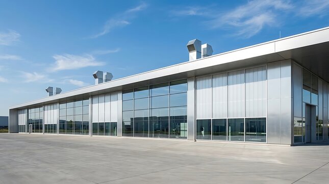 Modern industrial architecture for a large, contemporary business facility, featuring sleek design, extensive glass windows, and metallic facade under a clear sky