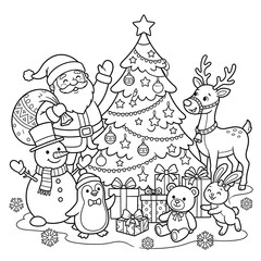 Fototapeta premium Christmas tree star ornament gift box Santa Claus reindeer snowman penguin teddy bear bunny celebration winter holiday joy