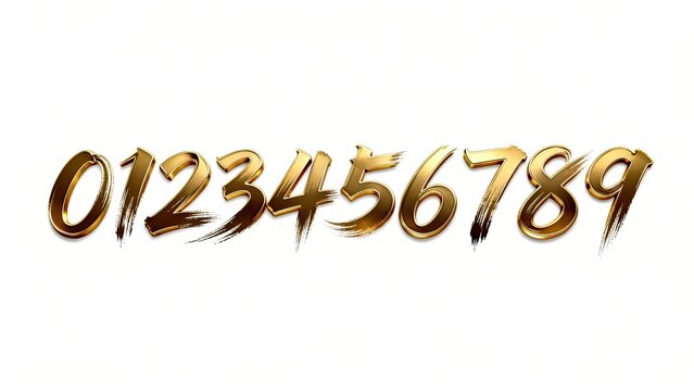 3D Golden Calligraphy Numbers 0-9 Set, Metallic Brush Stroke Style Digits with Dry Brush Texture Collection for Poster Title, Chinese Style Design, Celebration and Art Creative Projects