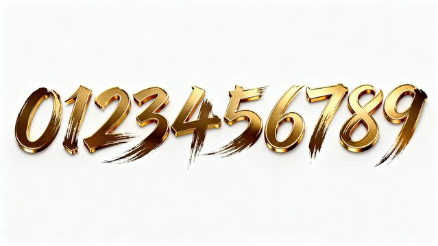 3D Golden Calligraphy Numbers 0-9 Set, Metallic Brush Stroke Style Digits with Dry Brush Texture Collection for Poster Title, Chinese Style Design, Celebration and Art Creative Projects