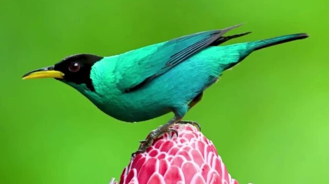 Vibrant blue dacnis bird perched on a tropical red ginger flower in nature