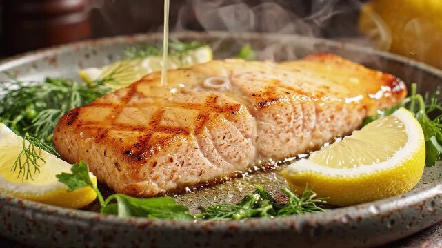 Delicious grilled salmon fillet expertly cooked and presented with fresh lemon slices and aromatic herbs, a healthy and appetizing culinary dish. 4K Video