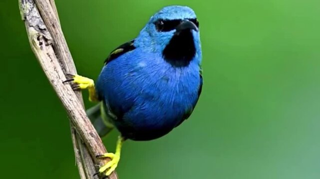 Vibrant blue dacnis bird perched on a tree branch in a lush tropical forest environment.