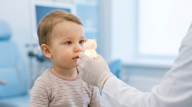 Ophthalmology: Pediatric ophthalmologist uses an illuminated fixation toy to assess a toddler's eye tracking