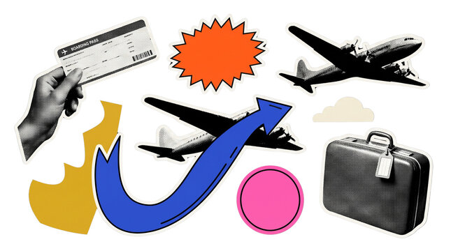 Travel collage elements with airplane, suitcase, and ticket icons for vacation design
