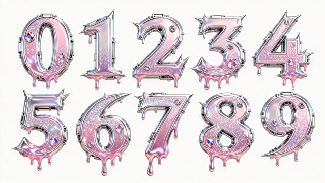 3D Pink Dripping Melting Numbers 0-9 Set, Rose Gold Glitter Metallic Digits with Silver Mechanical Frame and Crystal Gems Collection for Trendy Poster, Y2K Design and Creative Title