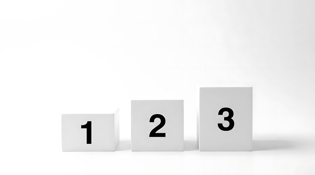 A sequence of white podiums labeled with 123 steps on a clean studio background representing progression, ranking, and strategic planning goals