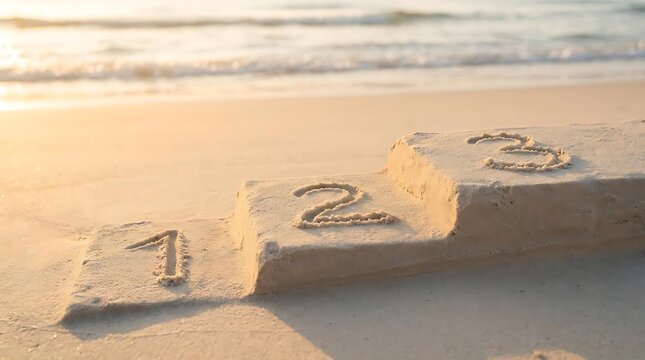 A sand sculpture showing 123 steps on the beach as a concept for progress and achievement with ocean waves in the background during golden hour light